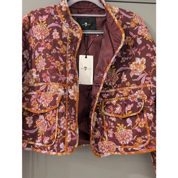 Women's 7 For All Mankind S Burgundy Floral Quilted Puffer Jacket - Picture 4 of 13
